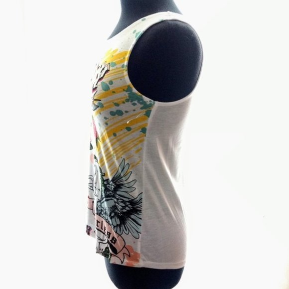 Tank Top Shirt Bossy Girl Power Fearless Unicorn Roses White Ed Hardy Look New - Picture 4 of 6